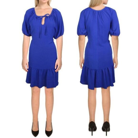 NWOT $109 DKNY Puff Sleeve Shift Peasant Dress 12 Royal Blue Knee-Length - Picture 1 of 6